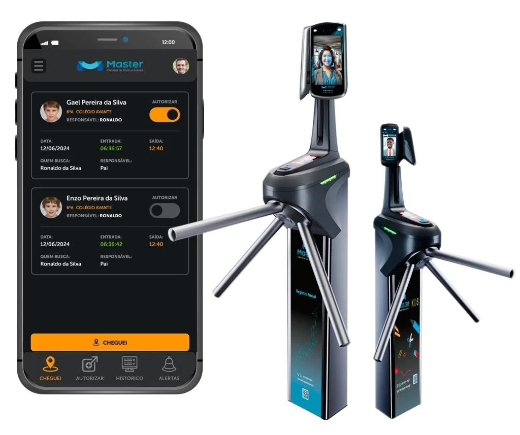 Gestão de presença escolar 3 app e catraca Master Tecnologias